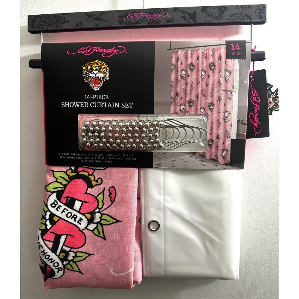 NWT Ed Hardy 14 Pc Shower Curtain Set Hooks & Liner Y2K Pink Skull Tiger Tattoo